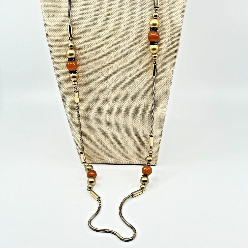 Vintage Chico's‎ Gold Tone Snake Chain Necklace with Carnelian Red Beads Lobster